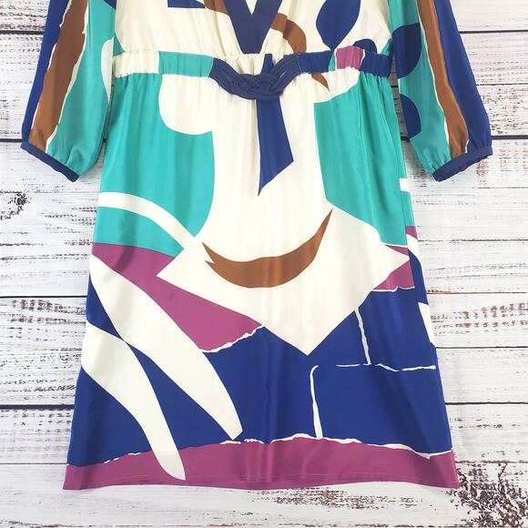 Yumi Kim Multicolor Abstract 100% Silk Dress S Plunge VNeck 3/4 Sleeve Geo Print - Picture 5 of 15